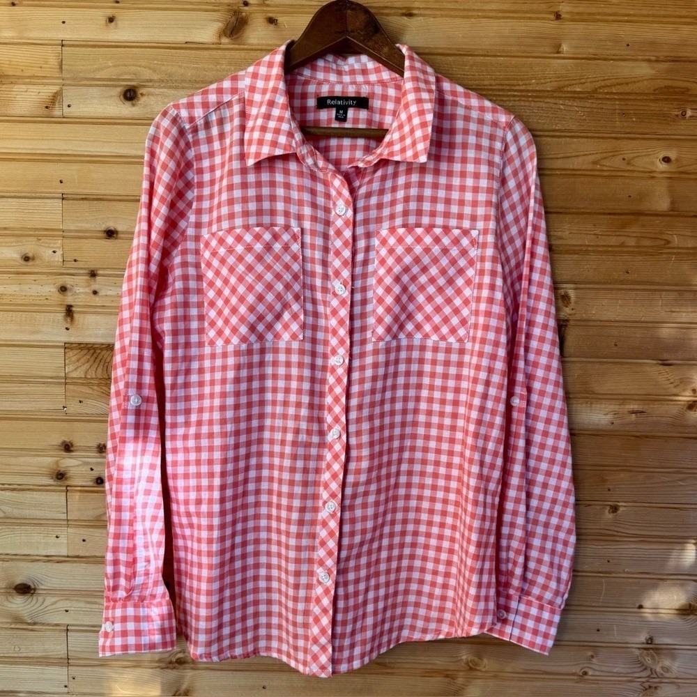 Relativity Gingham Long Sleeved Button Down Orange Checkered Medium BBQ Summmer
